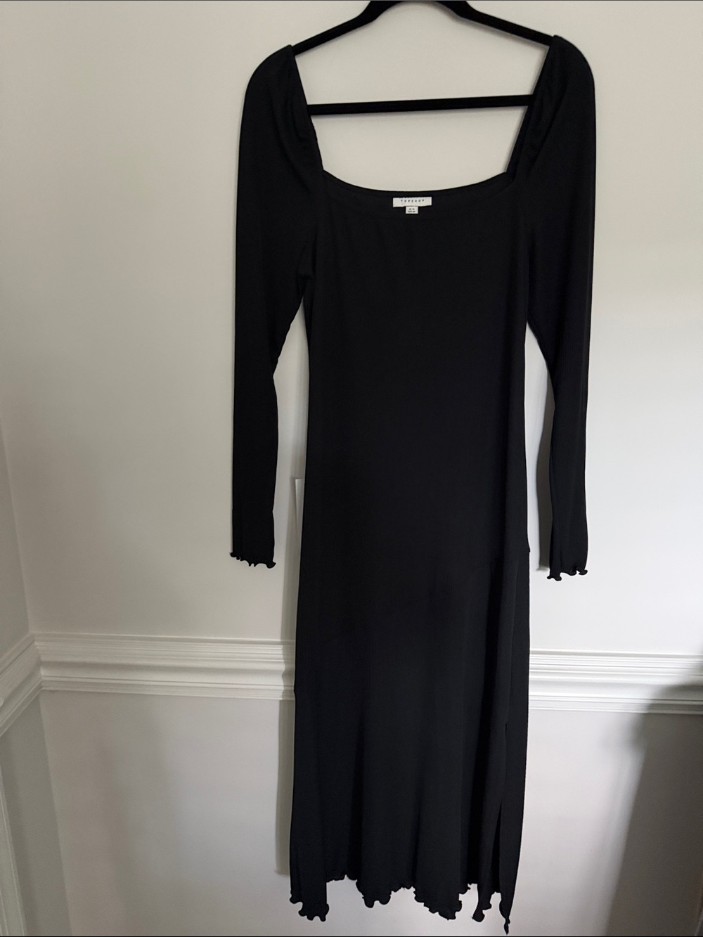 Topshop Black Square-Neck Long Sleeve Midi Dress with Lettuce Hem